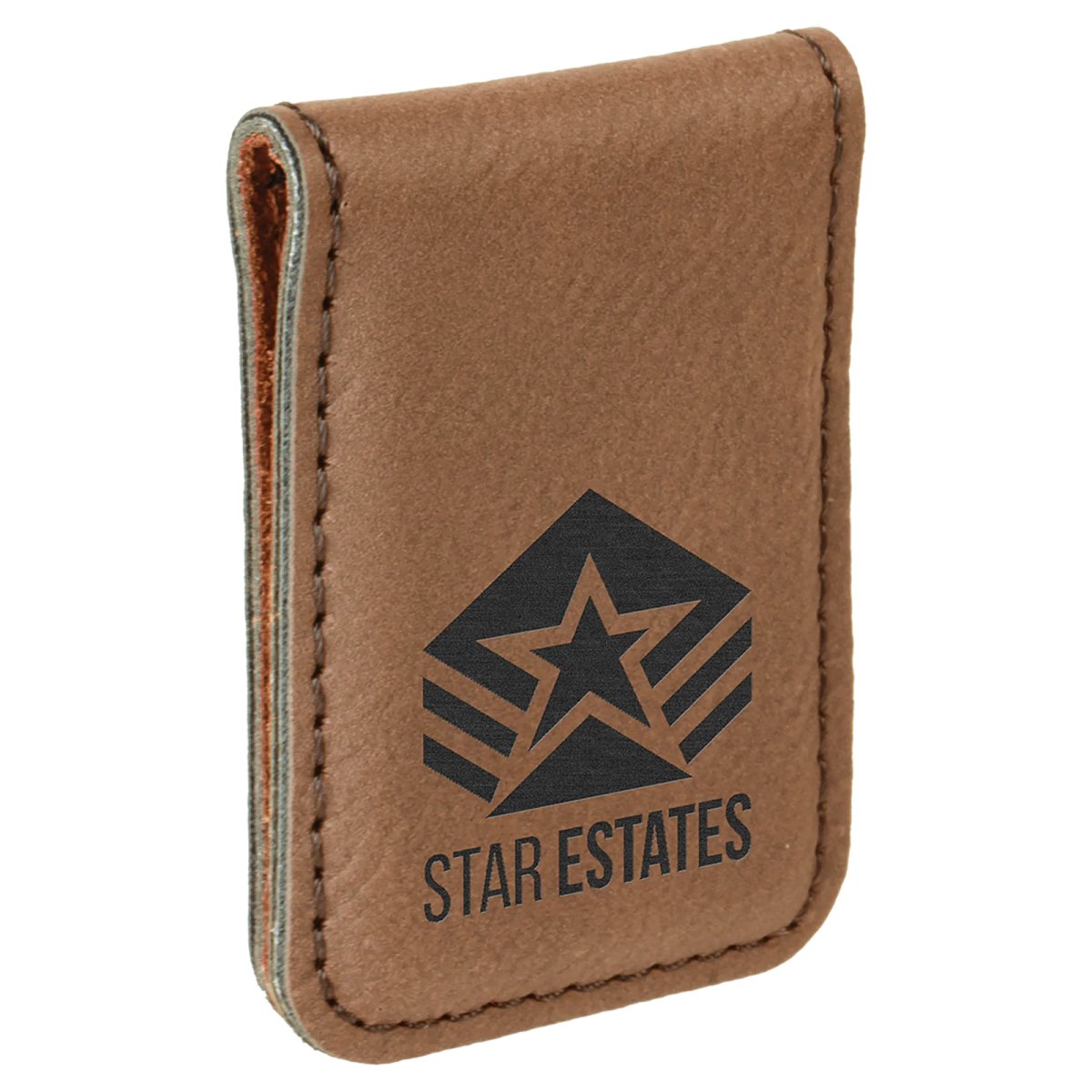 1 3/4" x 2 1/2" Dark Brown Engraved Faux Leather Money Clip - Angle view