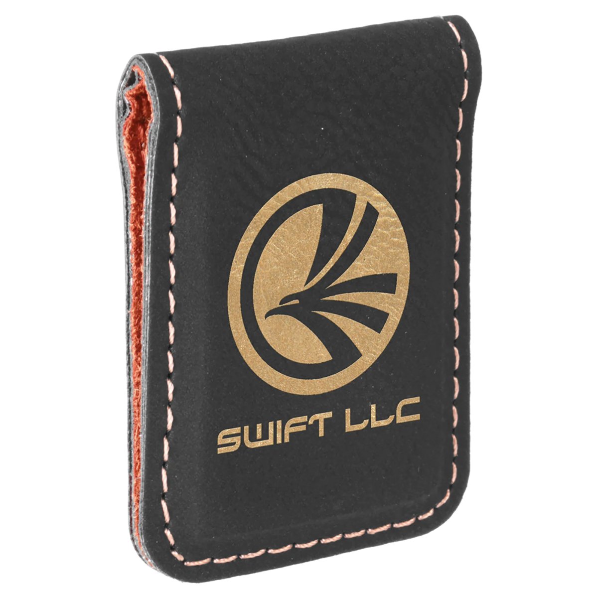 1 3/4" x 2 1/2" Black/Gold Engraved Faux Leather Money Clip - Angle view