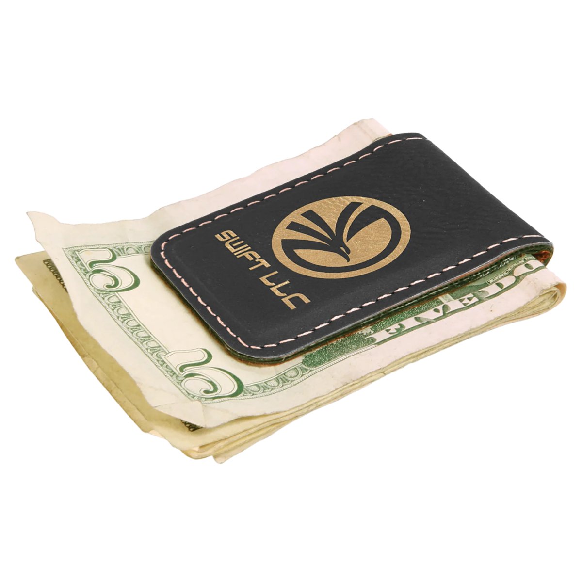 1 3/4" x 2 1/2" Black/Gold Engraved Faux Leather Money Clip - Angle 2 view