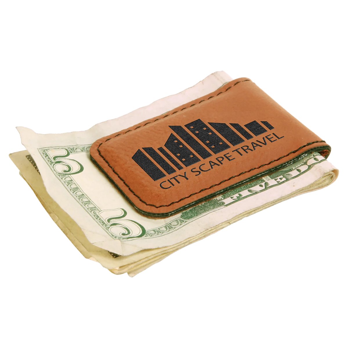 1 3/4" x 2 1/2" Rawhide Engraved Faux Leather Money Clip - Angle 2 view