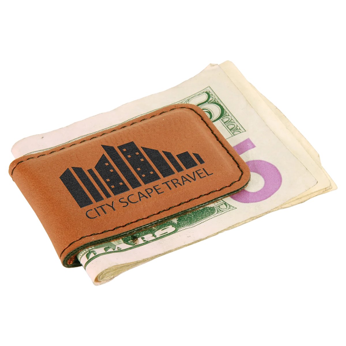 1 3/4" x 2 1/2" Rawhide Engraved Faux Leather Money Clip - Angle 3 view