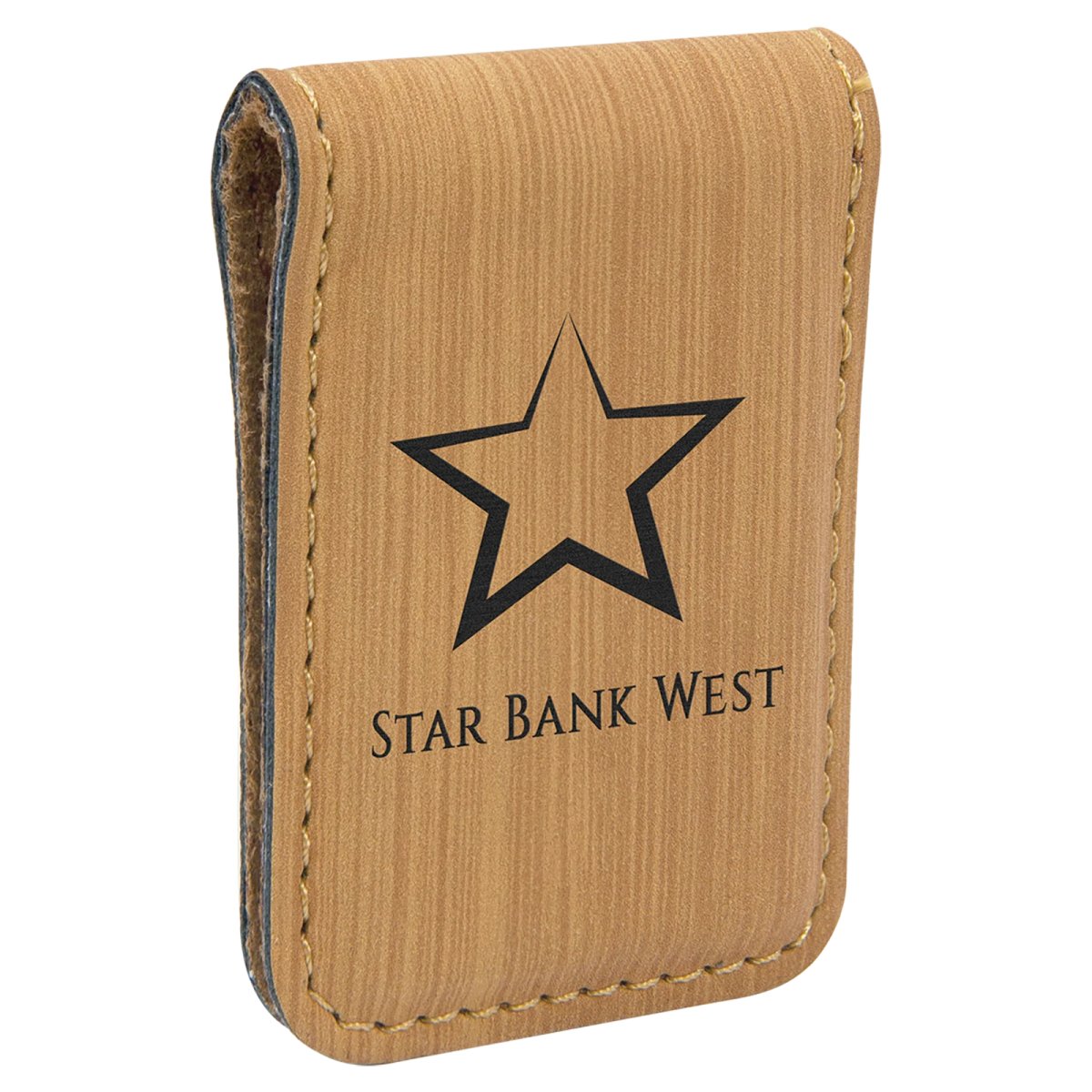 1 3/4" x 2 1/2" Bamboo Engraved Faux Leather Money Clip - Angle view