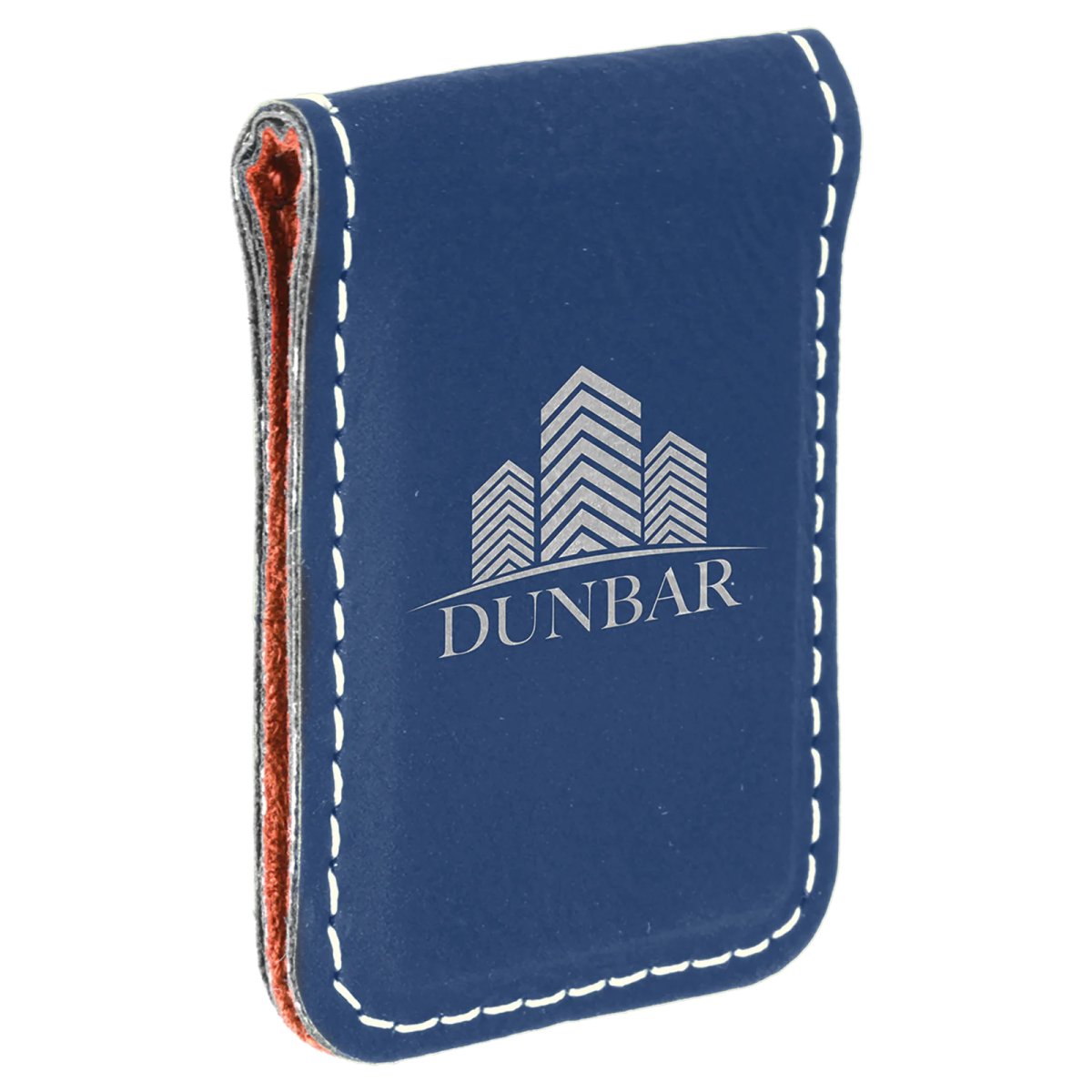 1 3/4" x 2 1/2" Blue/Silver Engraved Faux Leather Money Clip - Angle view