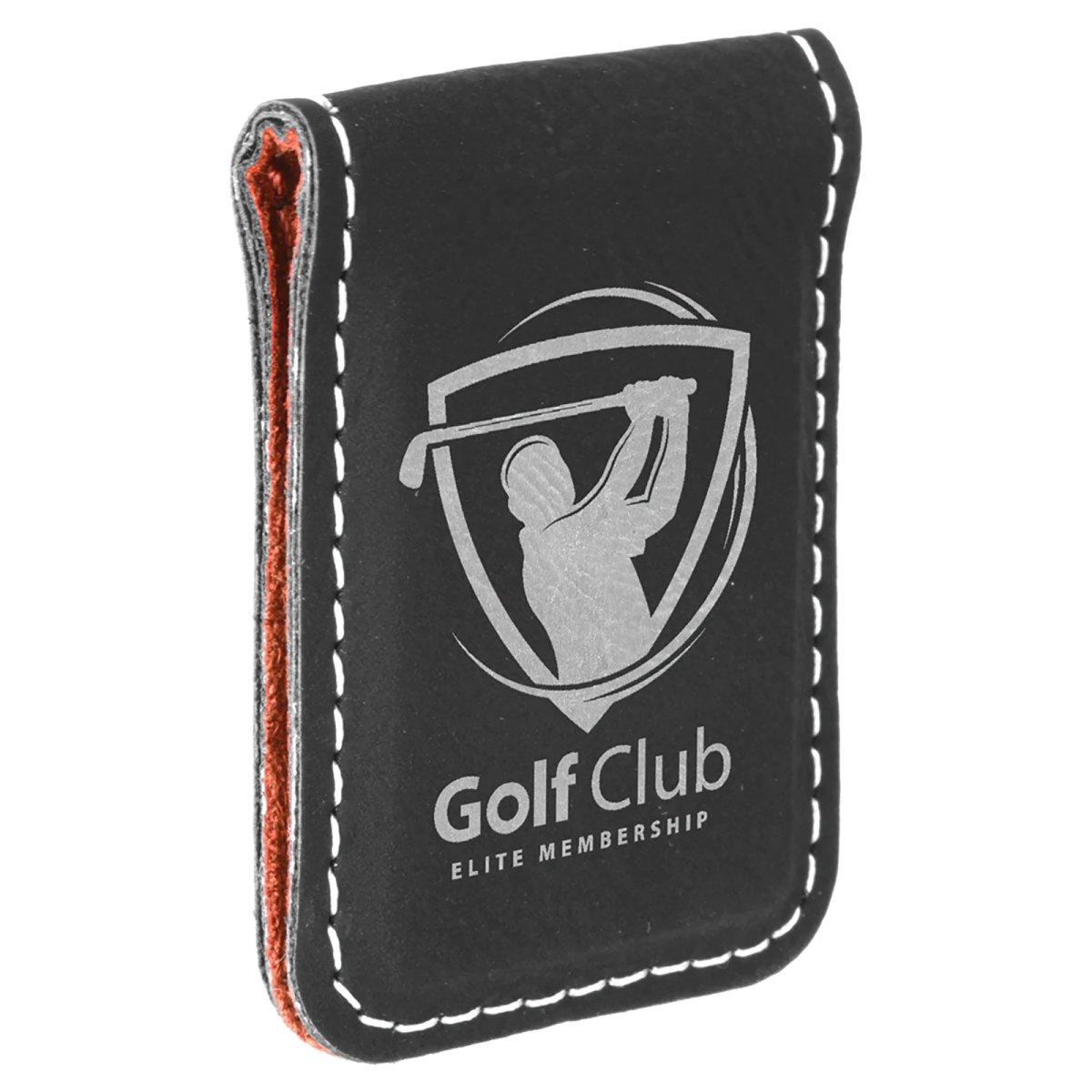 1 3/4" x 2 1/2" Black/Silver Engraved Faux Leather Money Clip - Angle view