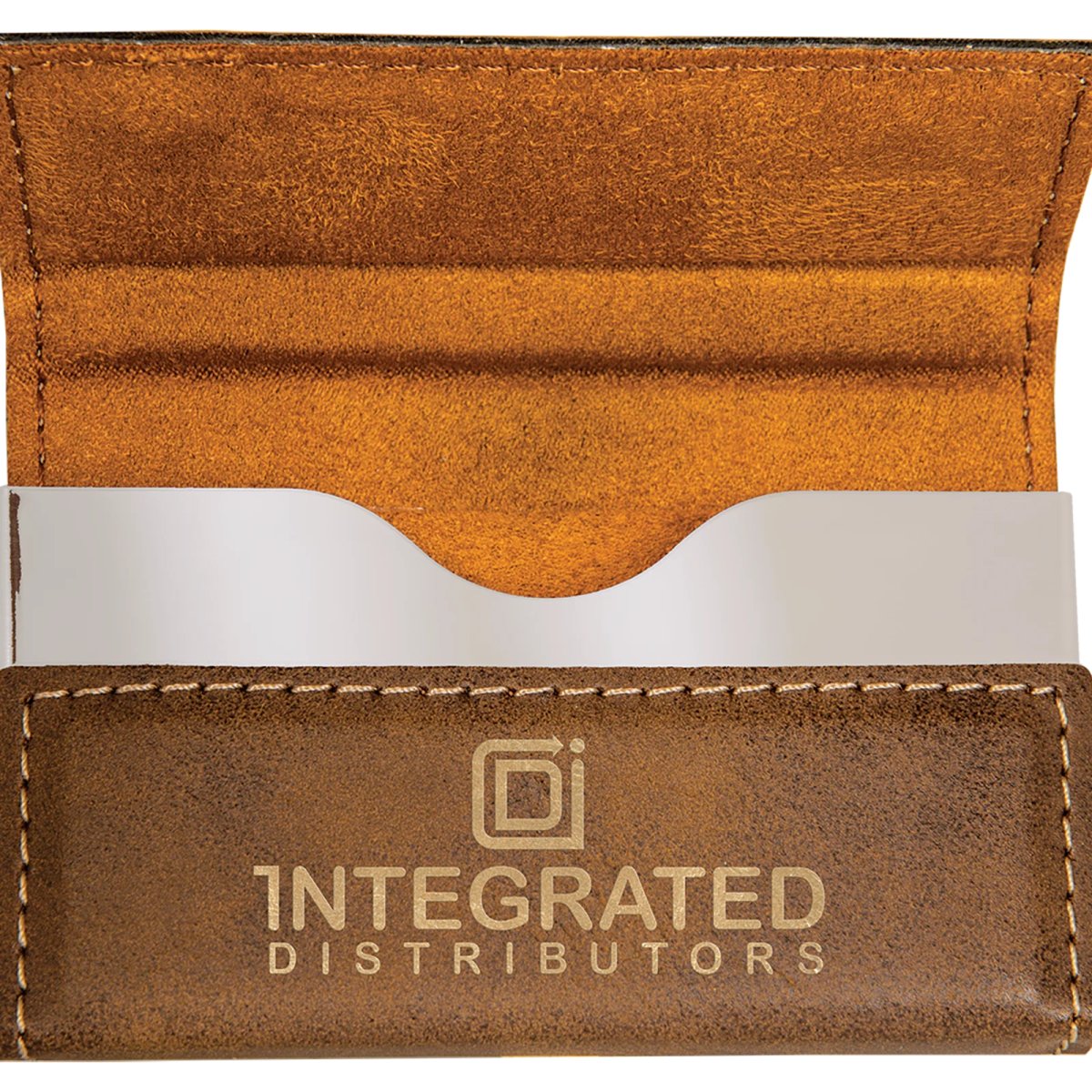 3 3/4" x 2 3/4" Rustic/Gold Engraved Faux Leather Hard Business Card Holder - Open view