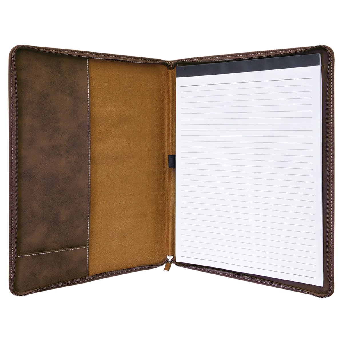 9 1/2" x 12" Rustic/Gold w/ Zipper Engraved Faux Leather Portfolio with Notepad - Open view