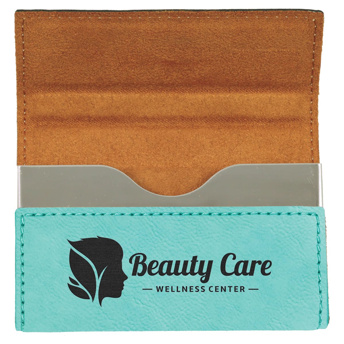 3 3/4" x 2 3/4" Teal Engraved Faux Leather Hard Business Card Holder - Open view