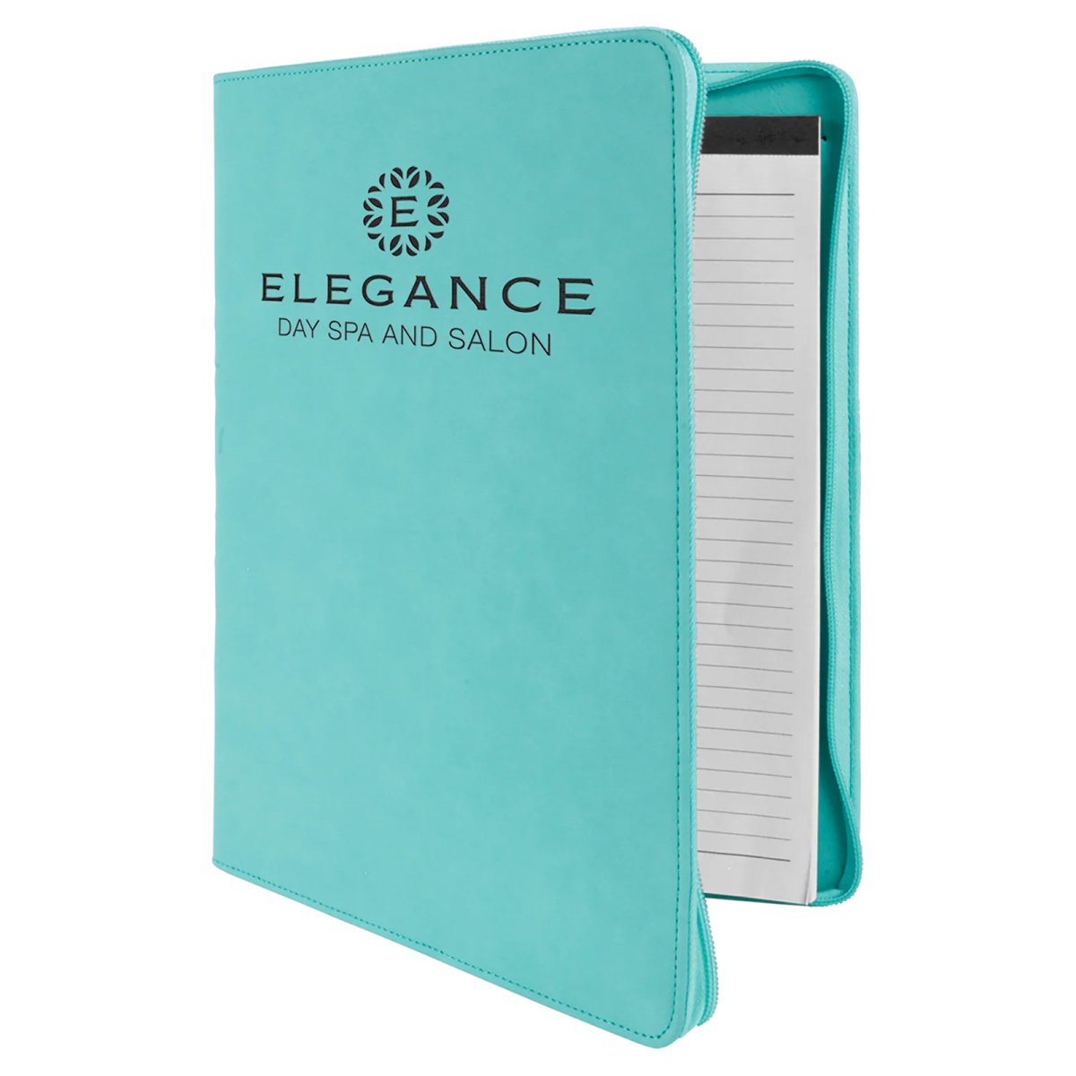 9 1/2" x 12" Teal with Zipper Engraved Faux Leather Portfolio with Notepad - Angle 2 view