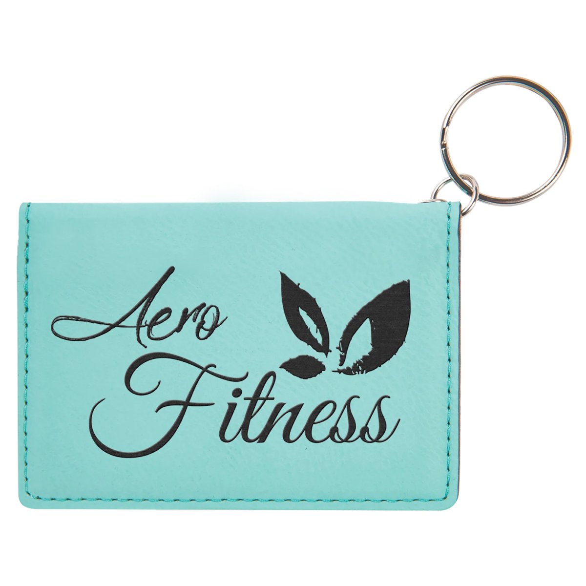 4 1/4" x 3" Teal Engraved Faux Leather Keychain ID Holder - Back view
