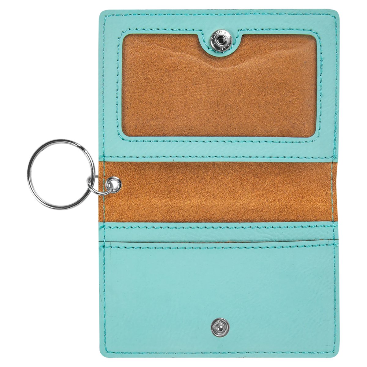 4 1/4" x 3" Teal Engraved Faux Leather Keychain ID Holder - Open view