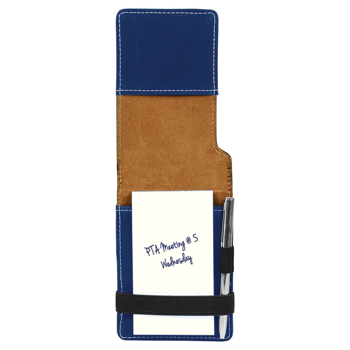 3 1/4" x 4 3/4" Blue/Silver Engraved Faux Leather Mini Notepad with Pen - Open view