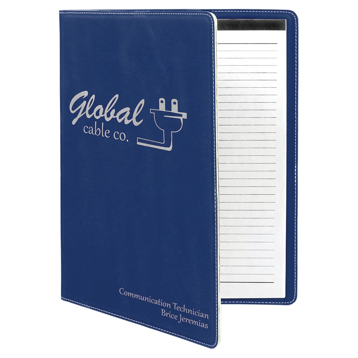 9 1/2" x 12" Blue/Silver Engraved Faux Leather Portfolio with Notepad - Open view