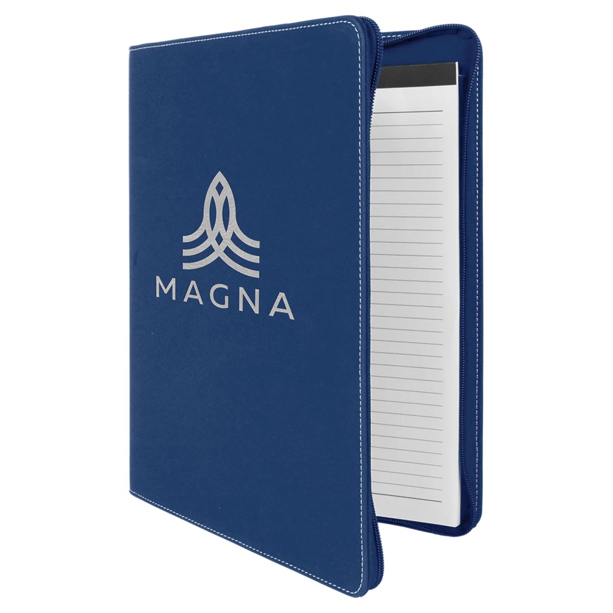 9 1/2" x 12"  Blue/Silver w/ Zipper Engraved Faux Leather Portfolio with Notepad - Open view