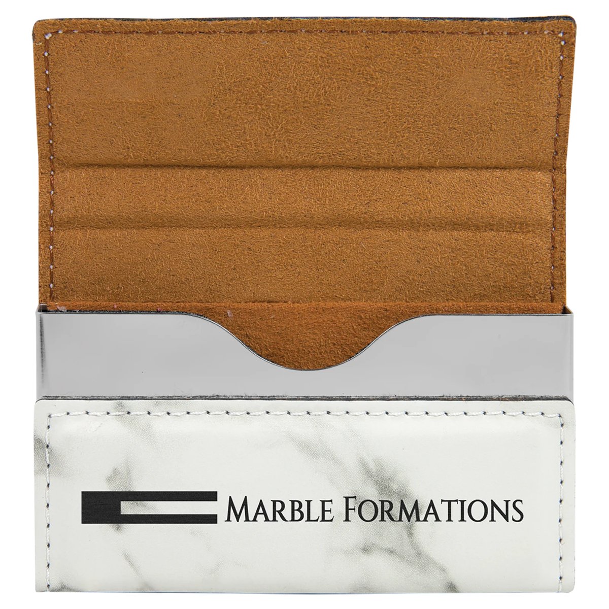 3 3/4" x 2 3/4" White Marble Engraved Faux Leather Hard Business Card Holder - Open view