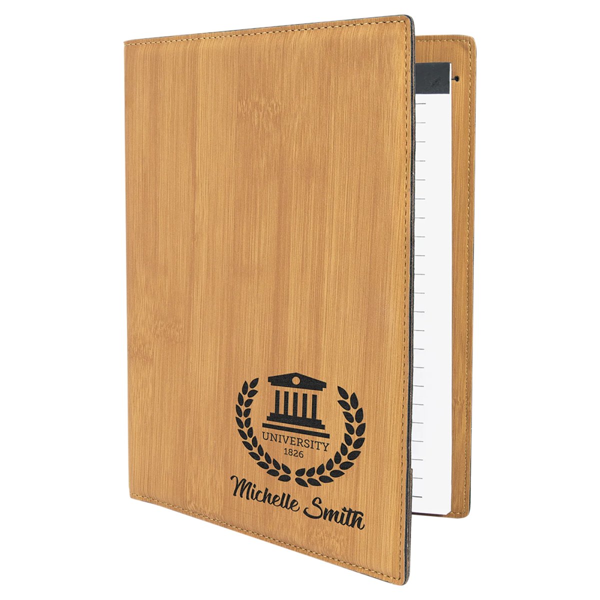7" x 9" Bamboo Engraved Faux Leather Small Portfolio with Notepad - Open view