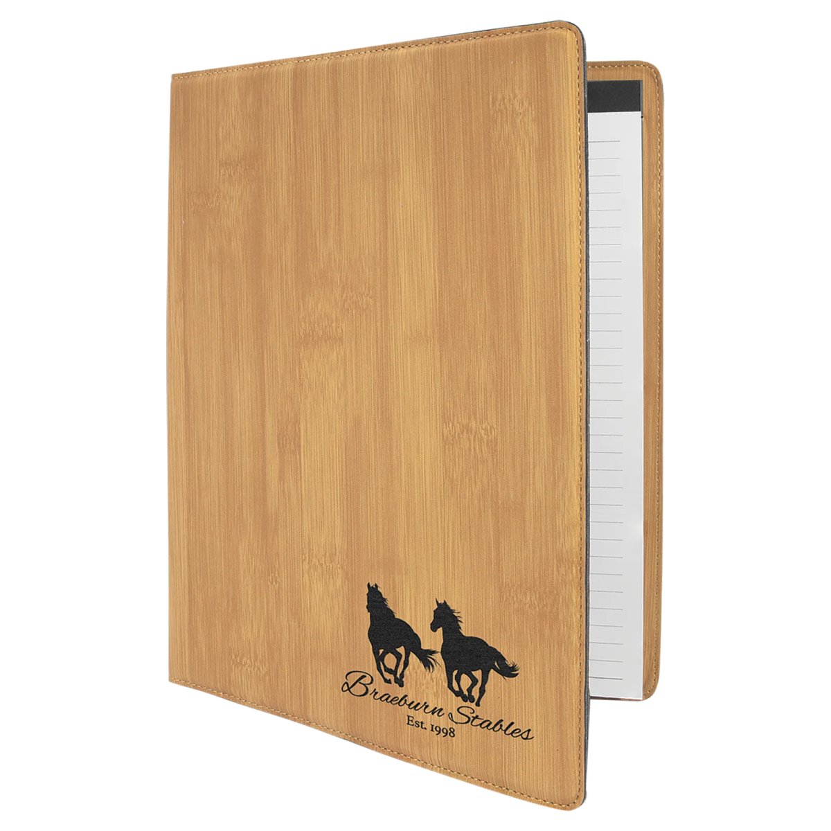 9 1/2" x 12" Bamboo Engraved Faux Leather Portfolio with Notepad - Open view