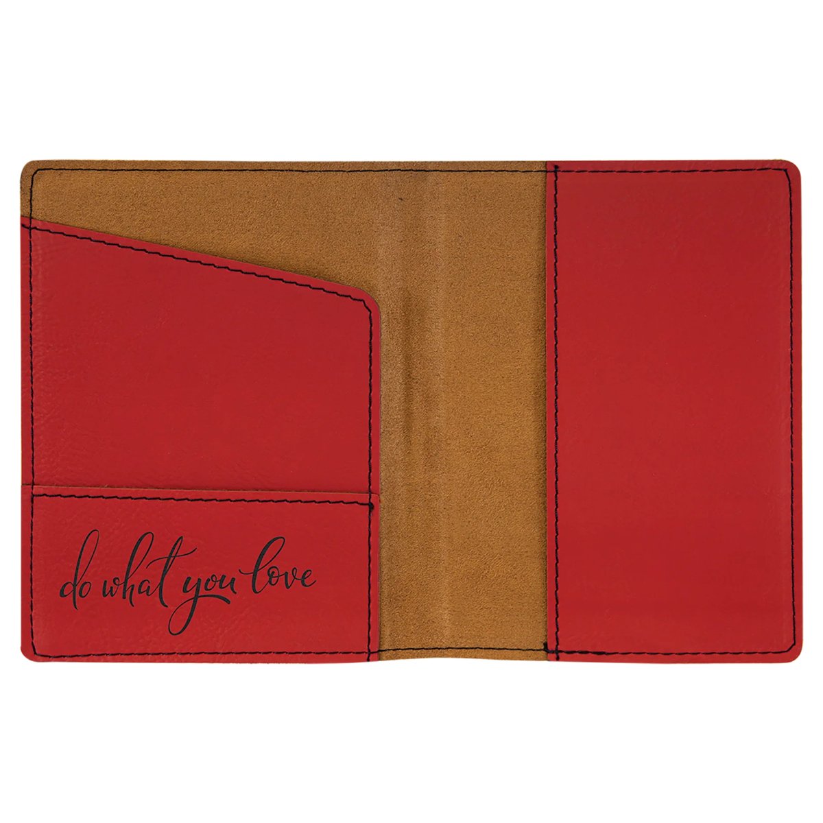 4 1/4" x 5 1/2" Red Engraved Faux Leather Passport Holder - Open view