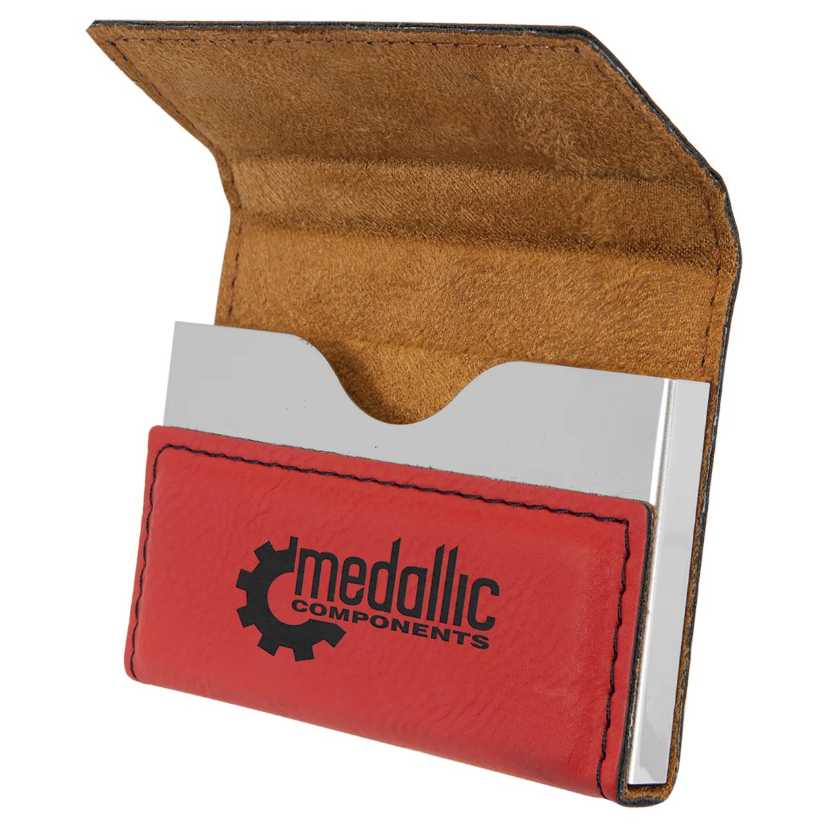 3 3/4" x 2 3/4" Red Engraved Faux Leather Hard Business Card Holder - Angle view