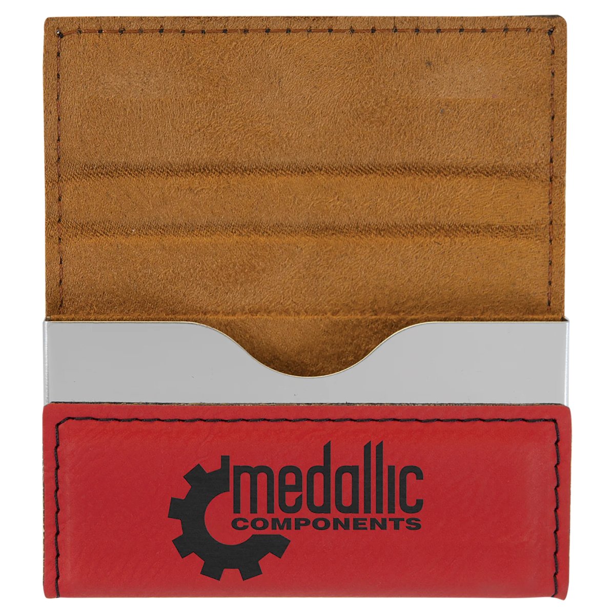 3 3/4" x 2 3/4" Red Engraved Faux Leather Hard Business Card Holder - Open view