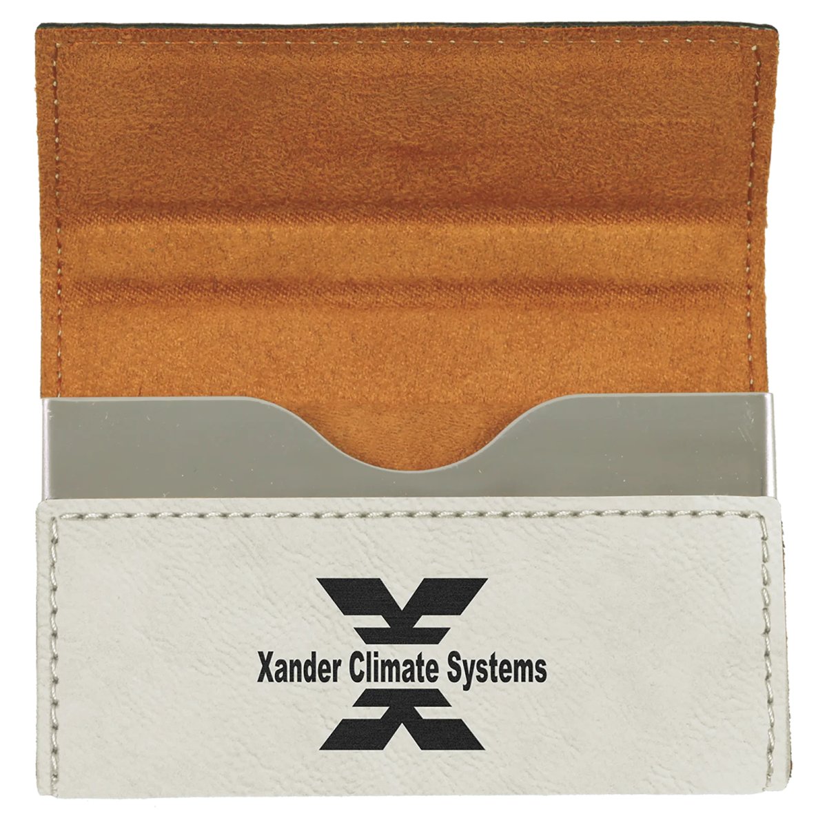 3 3/4" x 2 3/4" White Engraved Faux Leather Hard Business Card Holder - Open view