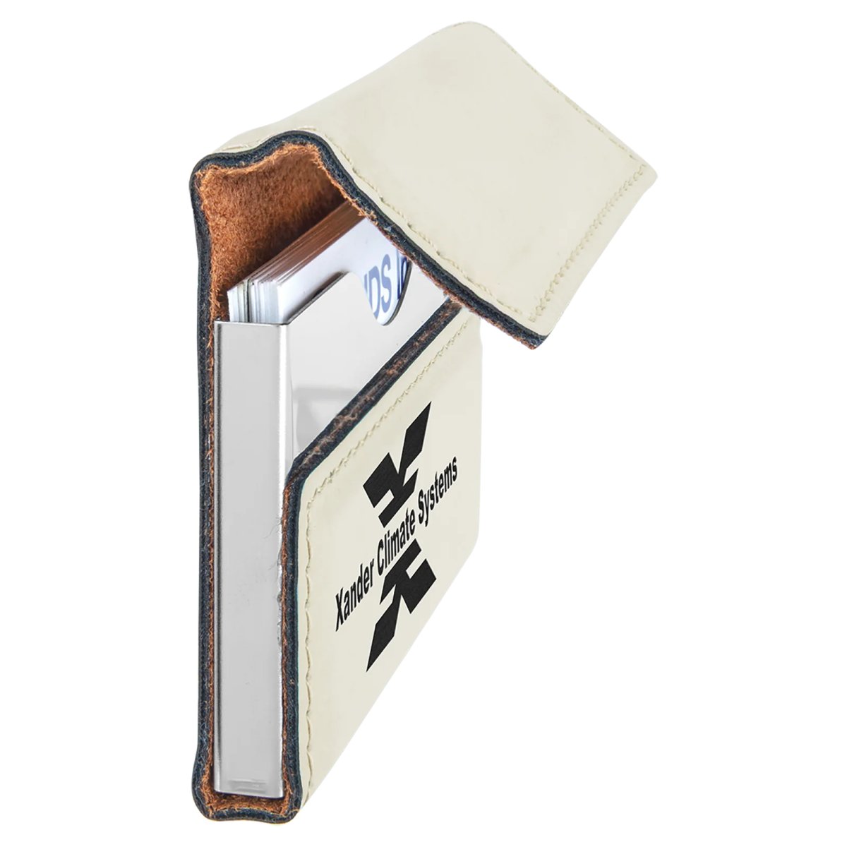 3 3/4" x 2 3/4" White Engraved Faux Leather Hard Business Card Holder - Side view