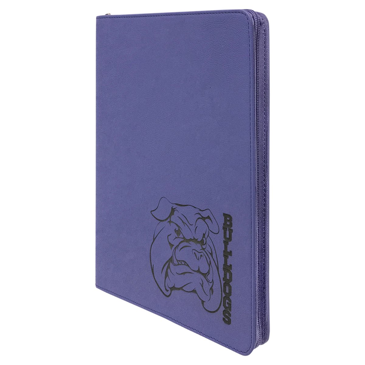 9 1/2" x 12" Purple with Zipper Engraved Faux Leather Portfolio with Notepad - Angle view