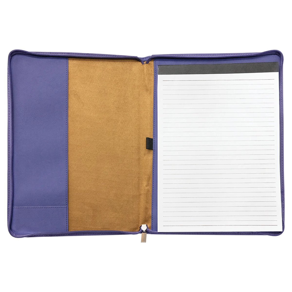 9 1/2" x 12" Purple with Zipper Engraved Faux Leather Portfolio with Notepad - Open view