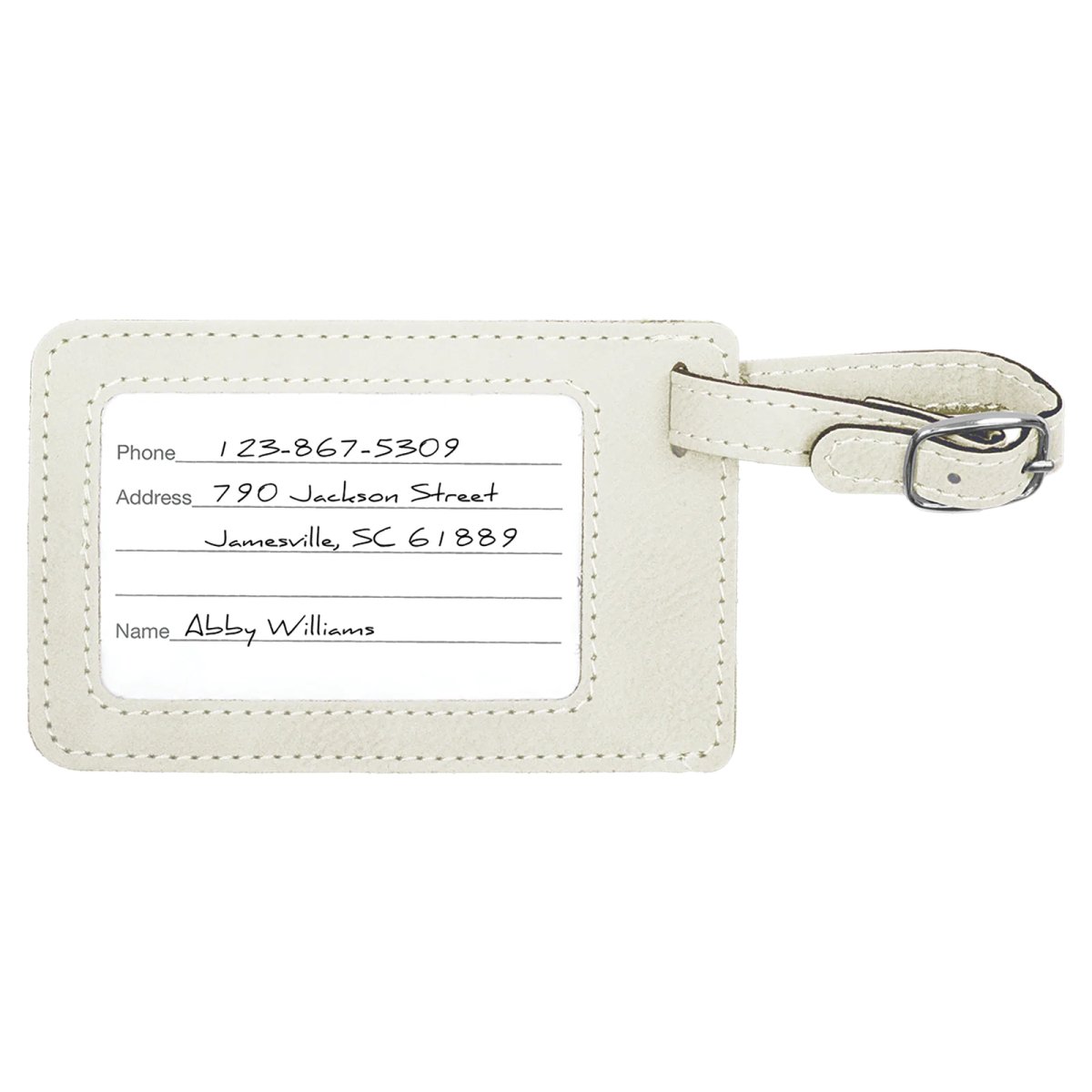 4 1/4" x 2 3/4" White/Black Engraved Faux Leather Luggage Tag - Back view