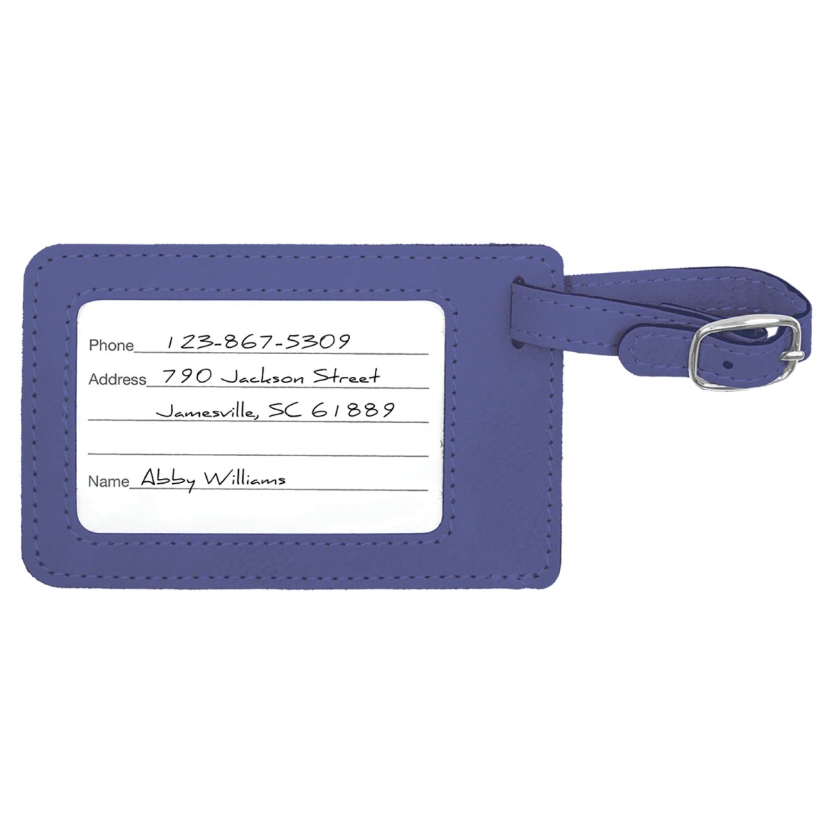 4 1/4" x 2 3/4" Purple Engraved Faux Leather Luggage Tag - Back view