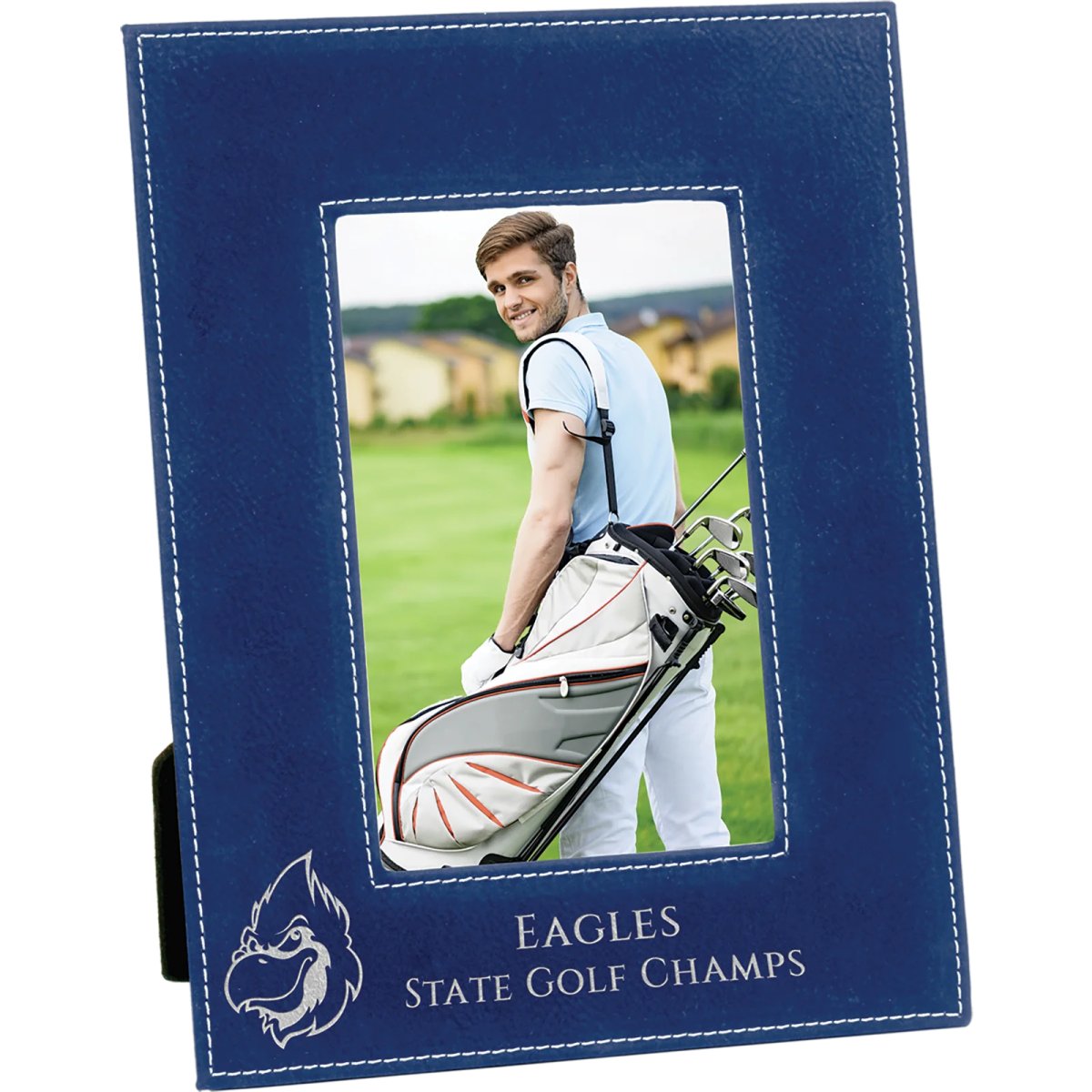 4" x 6" Blue/Silver Engraved Faux Leather Photo Frame - Angle view