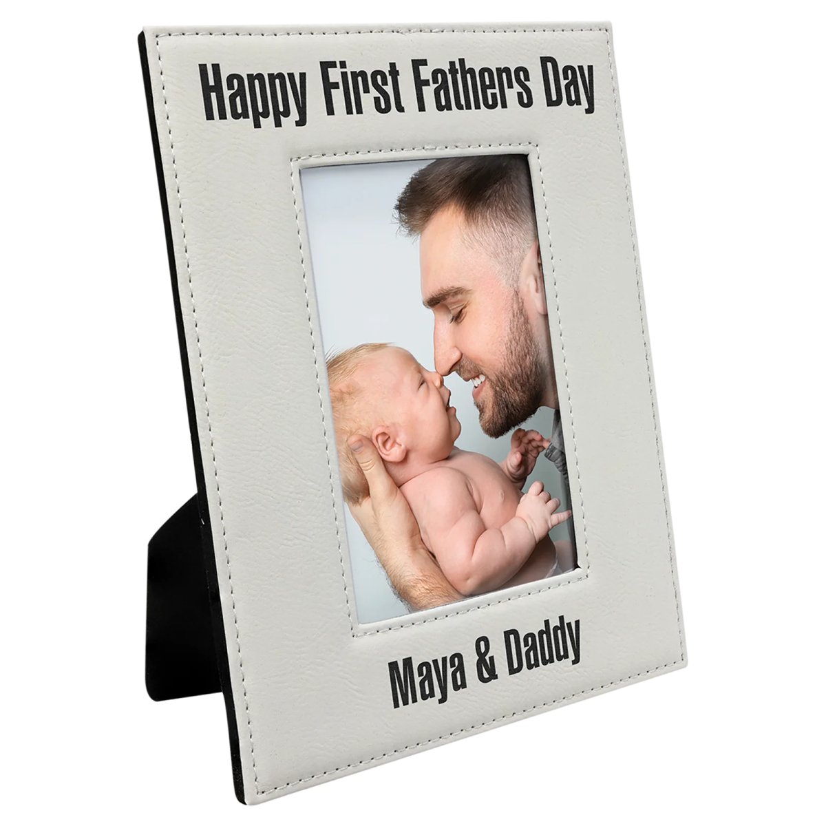4" x 6" White Engraved Faux Leather Photo Frame - Angle view