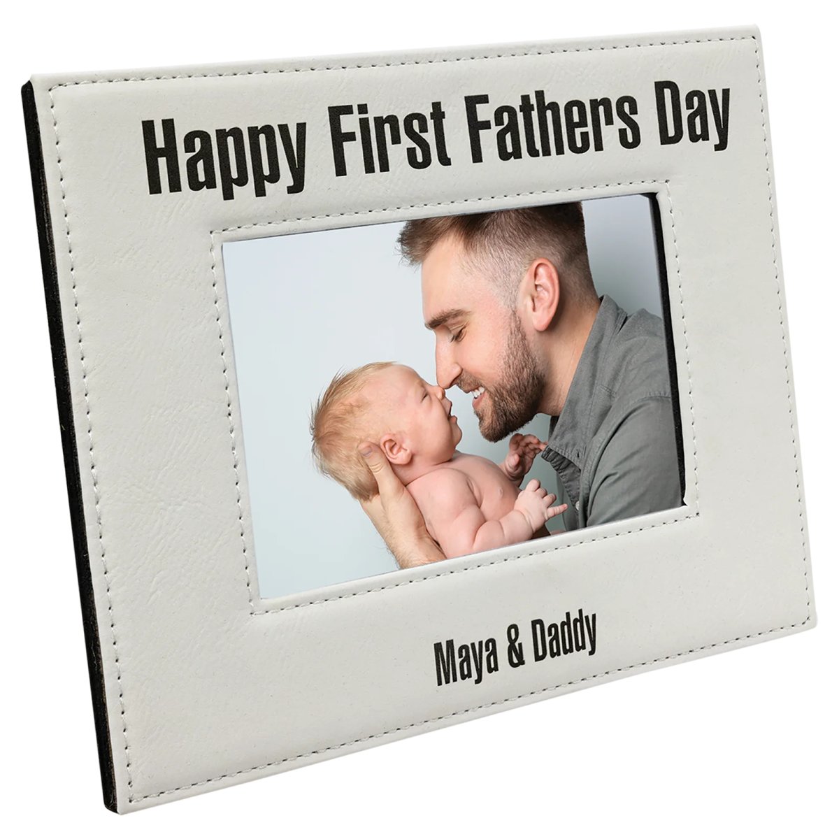 4" x 6" White Engraved Faux Leather Photo Frame - Angle 2 view