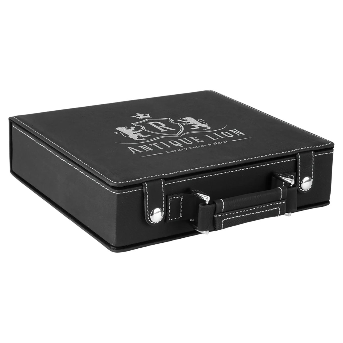 Black/Silver Engraved Faux Leather 100 Chip Poker Set - Closed view