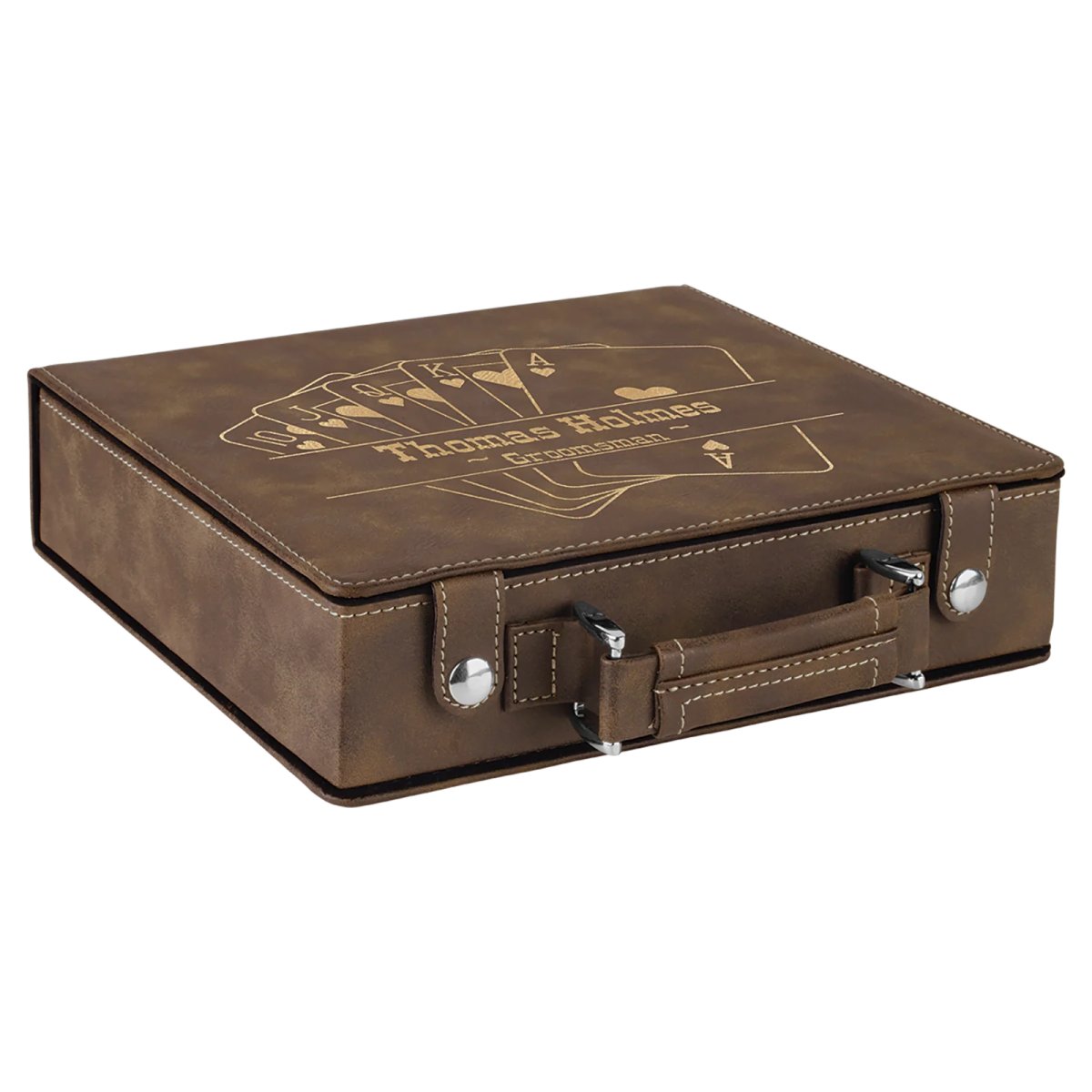 Rustic/Gold Engraved Faux Leather 100 Chip Poker Set - Closed view