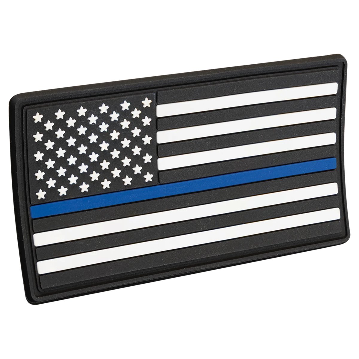 1 3/4" x 3 1/4" Blue Line American Flag PVC Patch representing support for law enforcement - Kota Pro Adhesive included - Angle view
