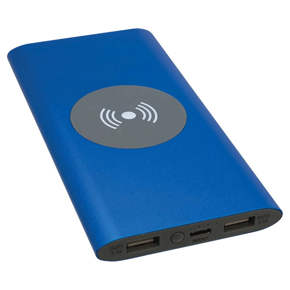Blue 8000MAH Power Bank & Wireless Anodized Aluminum Charger with USB-C Cord - Side view
