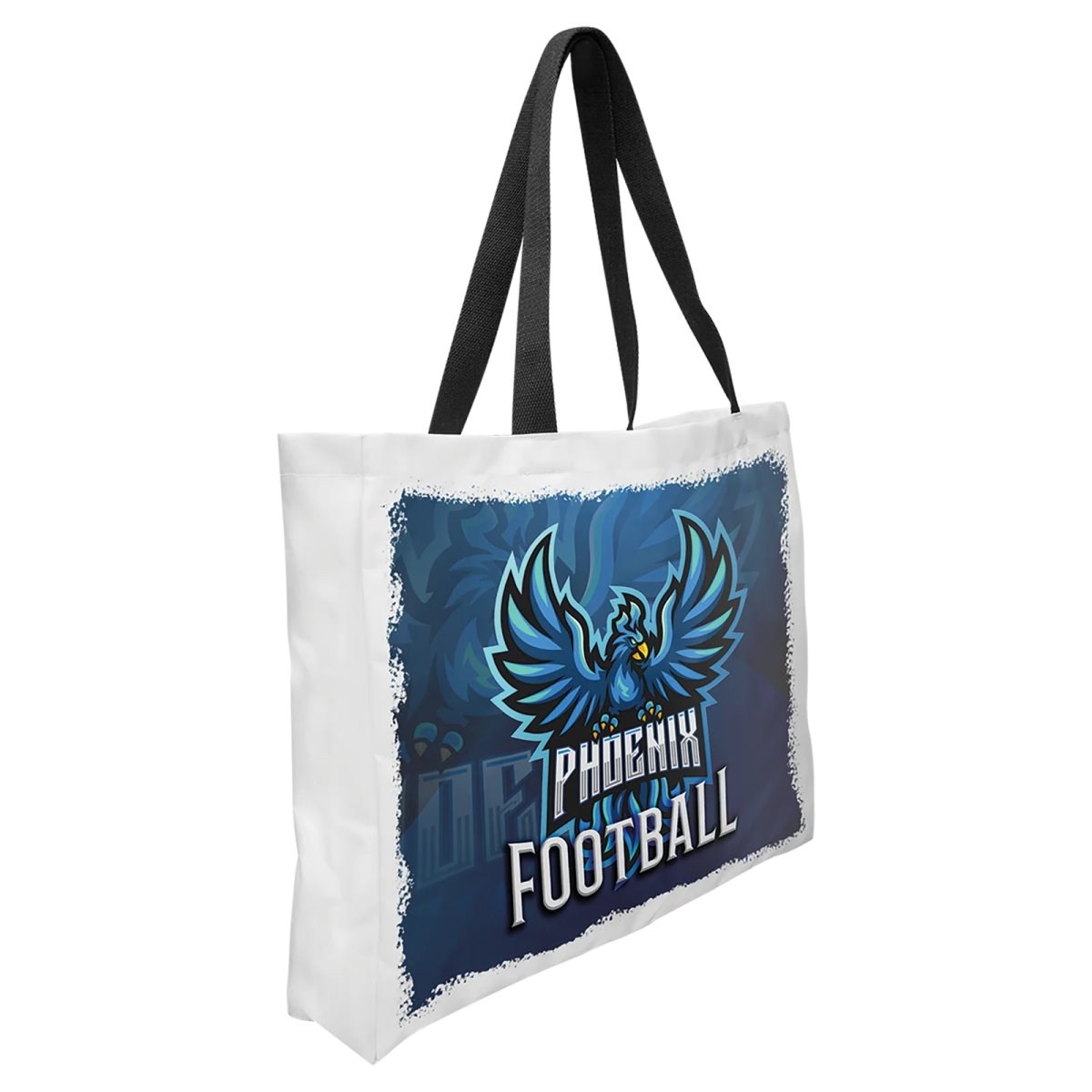 16" x 20" White Poly Fabric Bag with Black Straps and 4" Gusseted Bottom - Angle view