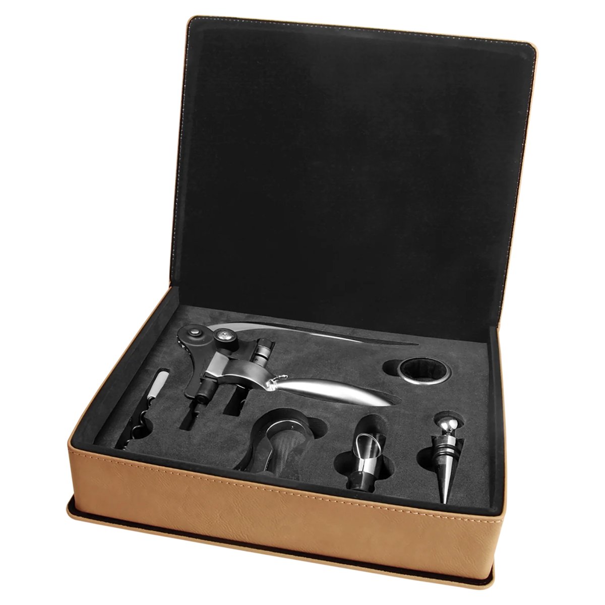 Light Brown Engraved Faux Leather 5-Piece Wine Tool Gift Set - Open view
