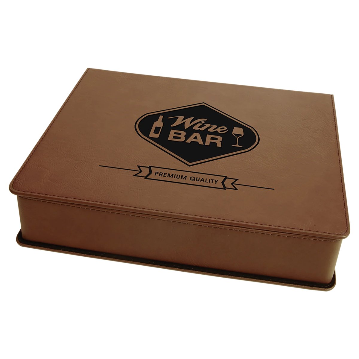 Dark Brown Engraved Faux Leather 5-Piece Wine Tool Gift Set - Angle view