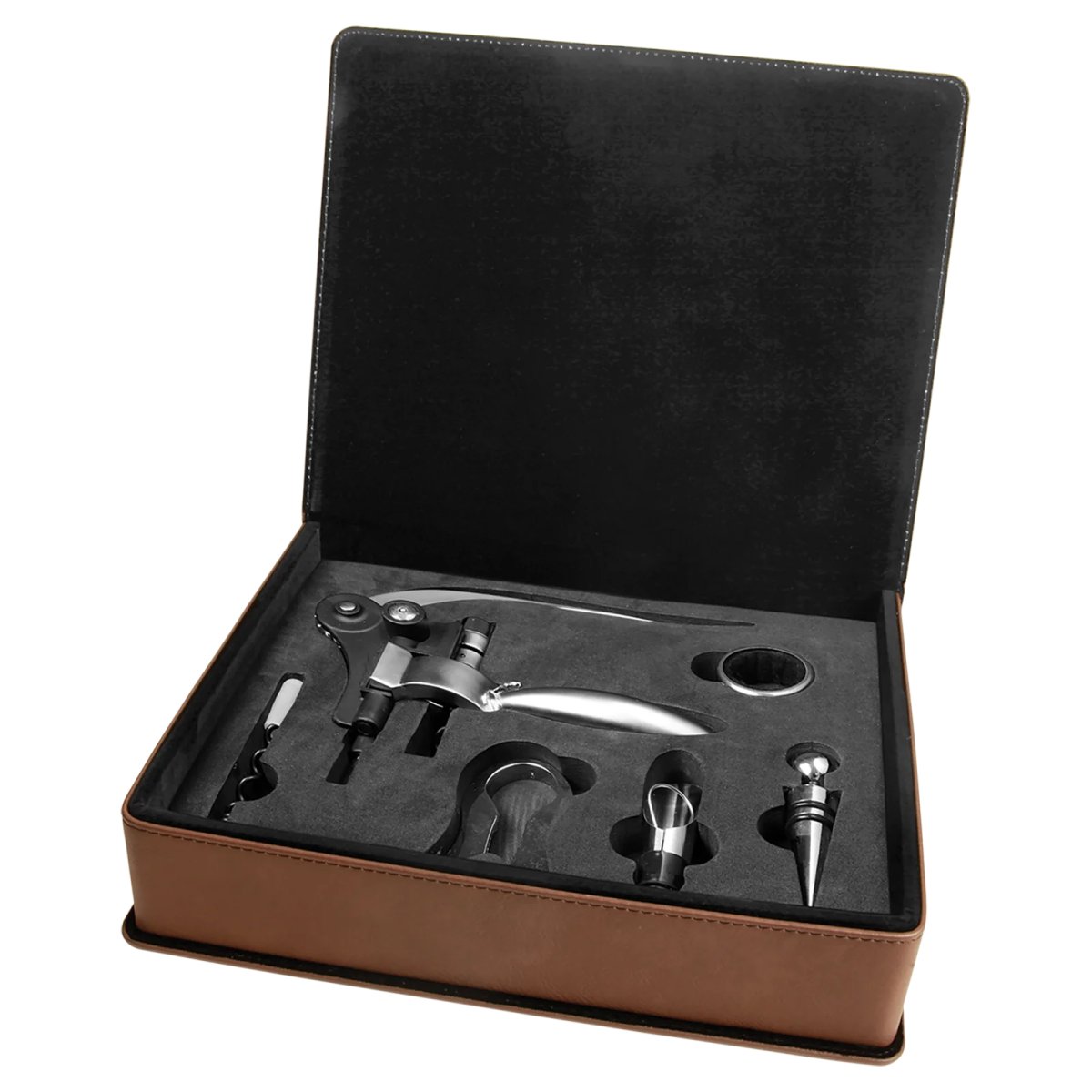 Dark Brown Engraved Faux Leather 5-Piece Wine Tool Gift Set - Open view