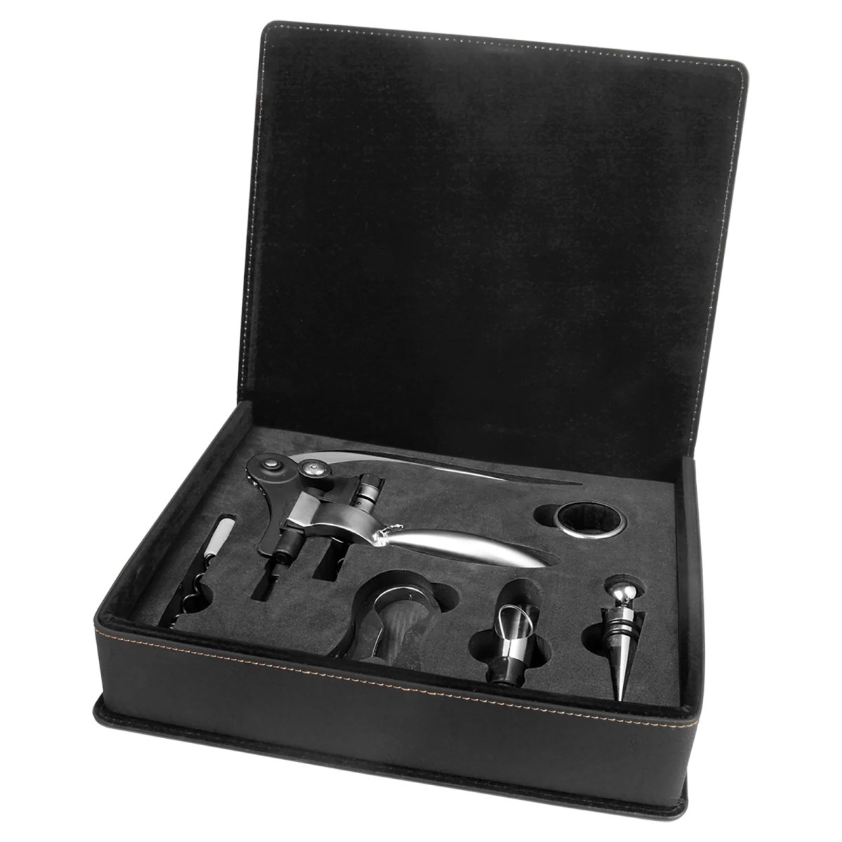 Black/Gold Engraved Faux Leather 5-Piece Wine Tool Gift Set - Open view
