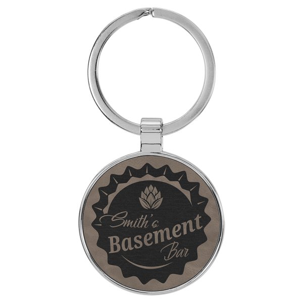 1 1/2" Engraved Faux Leather/Metal Gray Round Keychain - Gray