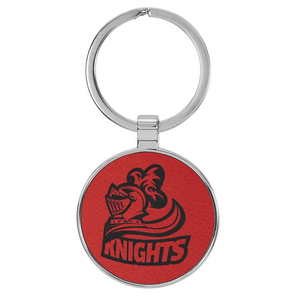 1 1/2" Engraved Faux Leather/Metal Red Round Keychain - Red