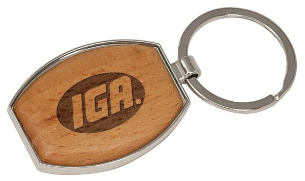 1 1/2" x 1 15/16" Silver/Wood Custom Engraved Oval Keychain - Wood/Silver