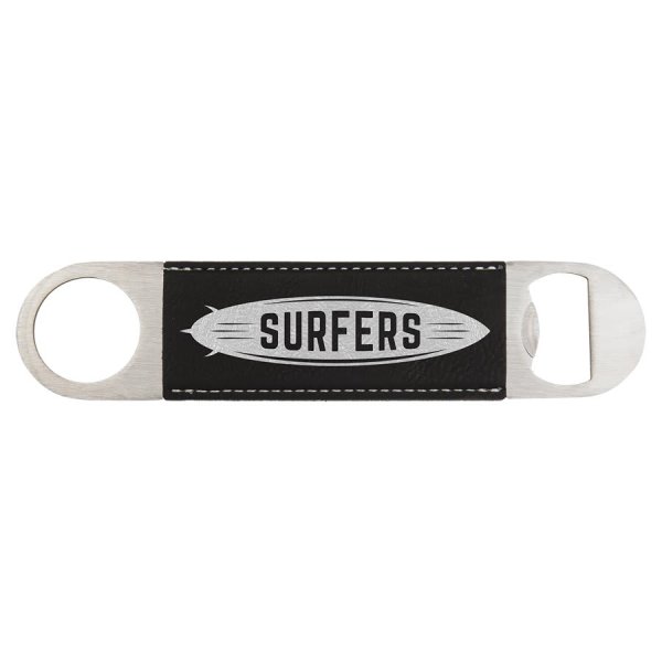1 1/2" x 7" Black/Silver Engraved Faux Leather Bottle Opener - Black/Silver