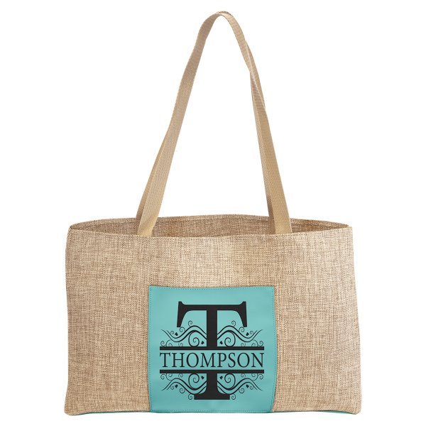 19" x 12" Burlap Bag with 5" Teal Engraved Faux Leather Gusset - Burlap/Teal
