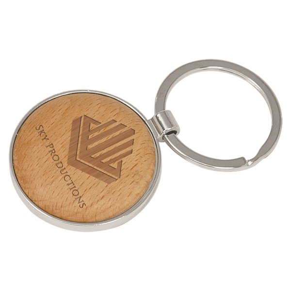 1 5/8" Silver/Wood Custom Engraved Round Keychain - Wood/Silver