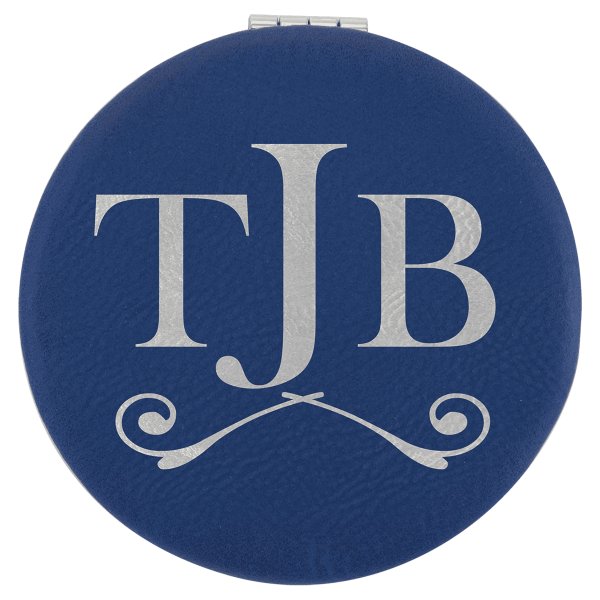2 1/2" Blue/Silver Engraved Faux Leather Compact Mirror - Blue