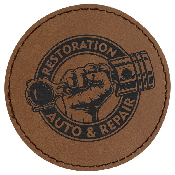 3" Round Dark Brown Engraved Faux Leather Patch with Adhesive - Dark Brown