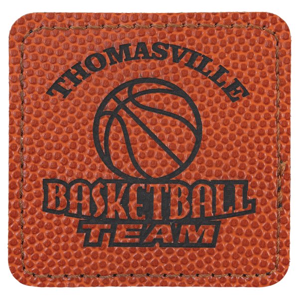 2 1/2" x 2 1/2" Basketball Engraved Faux Leather Square Patch with Kota Pro Adhesive - Basketball